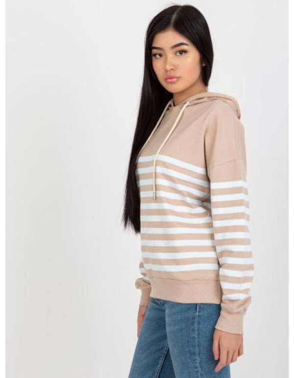 Bézs és fehér RUE PARIS alap női pulóver kapucnival