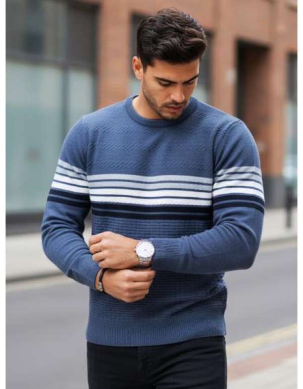 Férfi csíkos pulóver, kék