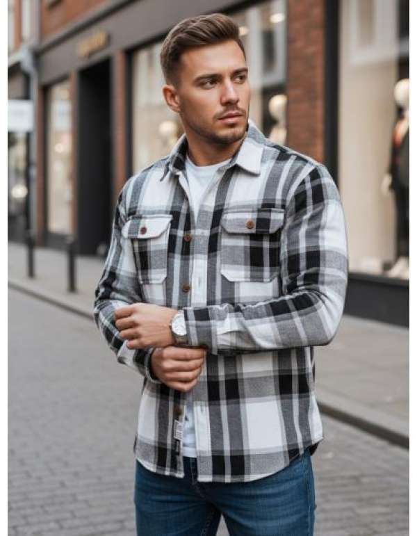 Férfi flanel ing, fekete-fehér kockás mintával