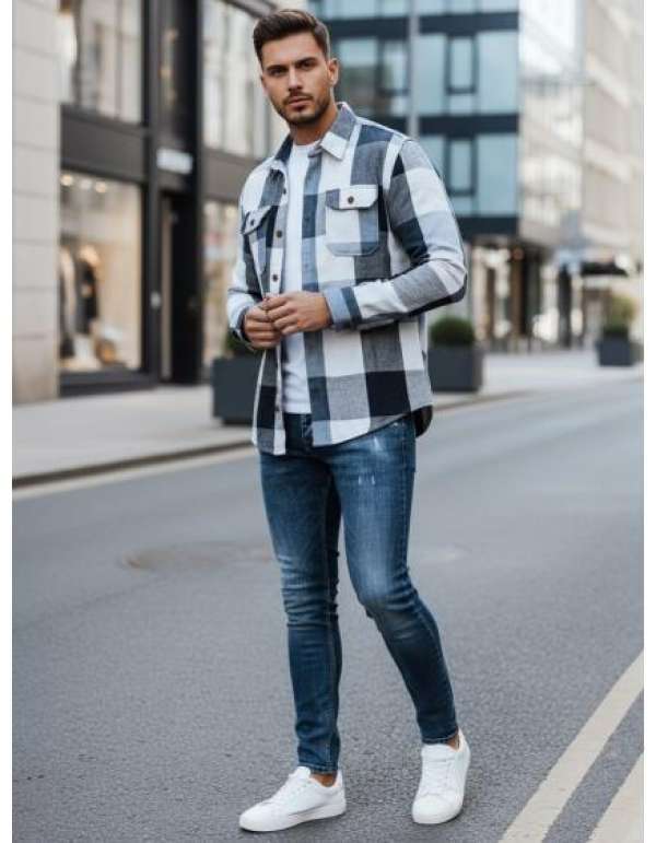 Férfi flanel ing, kék kockás mintával