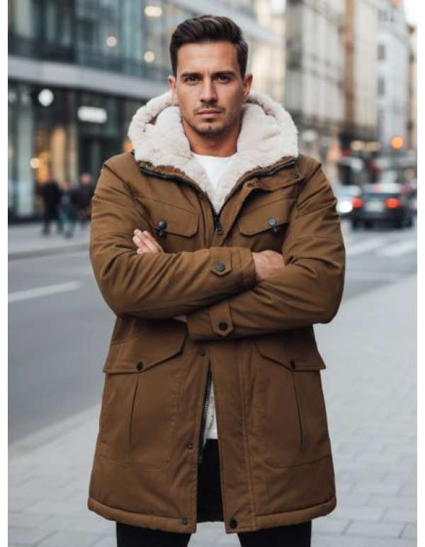 Férfi téli kabát kapucnival, sötét bézs