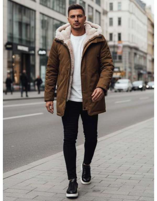 Férfi téli kabát kapucnival, sötét bézs