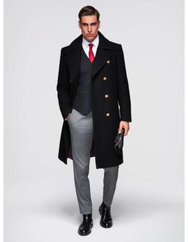 Elegáns katonai kabát férfiaknak gyapjúval – fekete V1 OM-COWC-0145