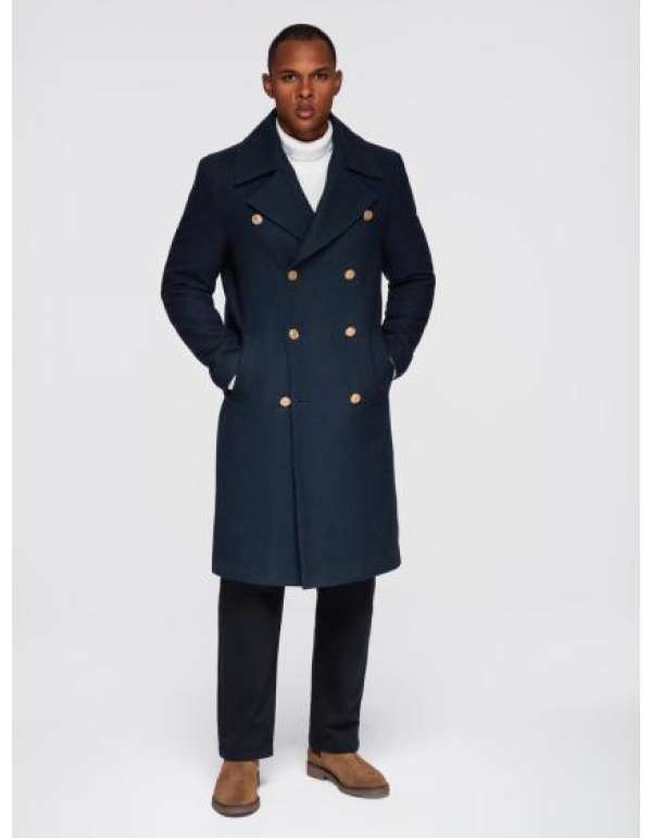 Férfi sötétkék kétsoros gyapjú kabát – sötétkék V1 OM-COWC-0134