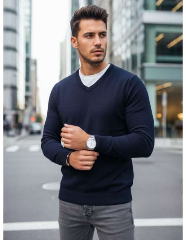 Férfi pulóver V-kivágással, sötétkék