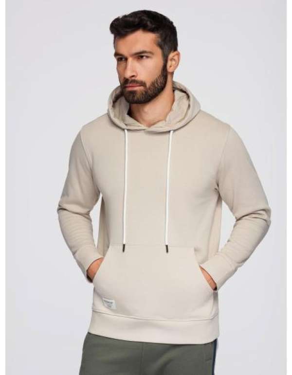 Férfi BASIC pulóver kenguru zsebbel – világos bézs V1 B1674