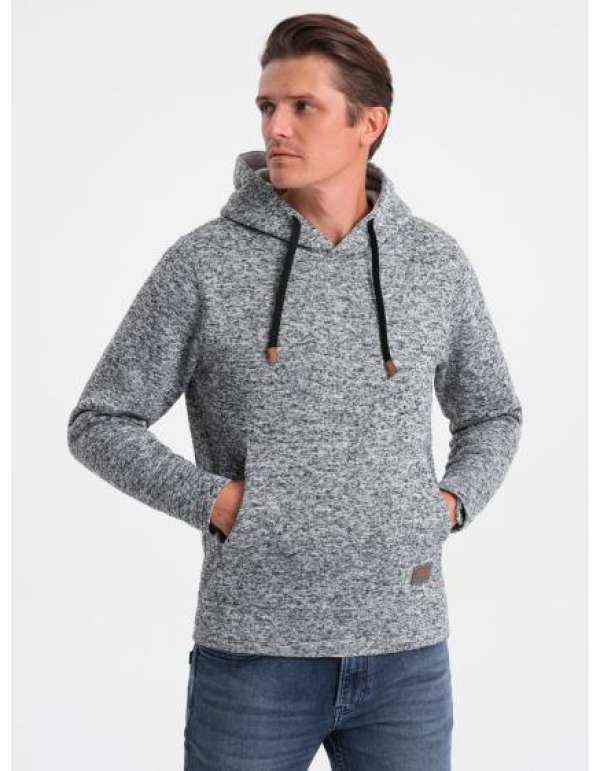 Férfi pulóver kenguru zsebbel, nem stretch anyagból – szürke melírozott V1 B1675