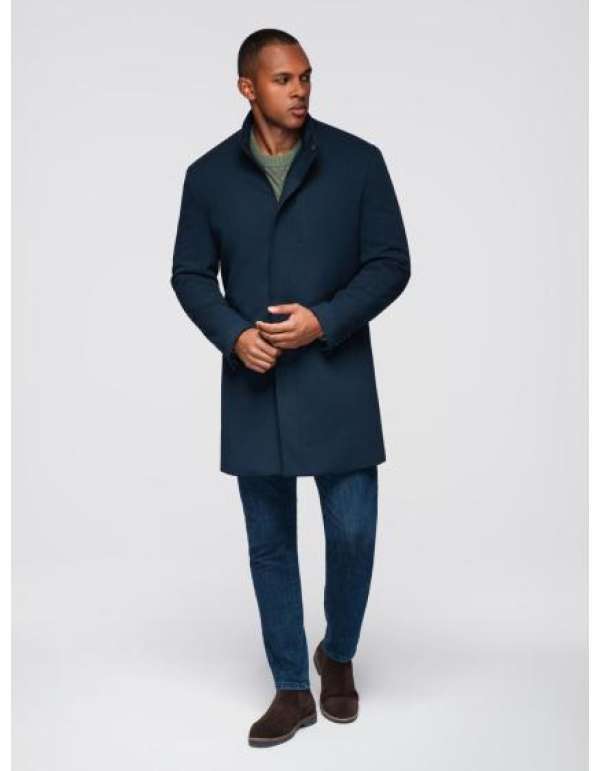 Férfi kabát magas gallérral és strukturált szabással – sötétkék V2 OM-COWC-0136