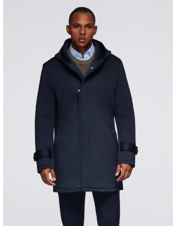 Minimalista férfi kabát közepes hosszúságú kapucnival – sötétkék V5 OM-COLC-0144