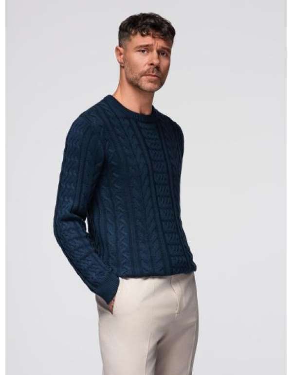 Elegáns férfi pulóver érdekes kötéssel – sötétkék V5 OM-SWSW-0173