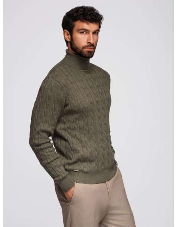 Férfi pulóver rolós gallérral és kockás mintával – olíva V2 OM-SWTN-0157