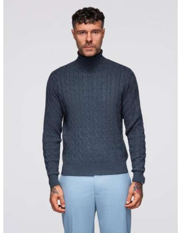 Férfi pulóver galléros, kockás mintával – sötétkék V3 OM-SWTN-0157