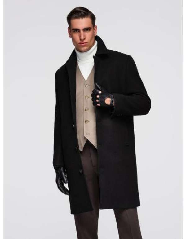Férfi hosszú egy soros kabát gallérral és béléssel – fekete V1 OM-COWC-0135