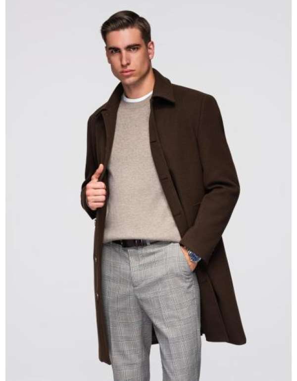 Egyrétegű, galléros, bélelt, hosszú férfi kabát – barna V4 OM-COWC-0135
