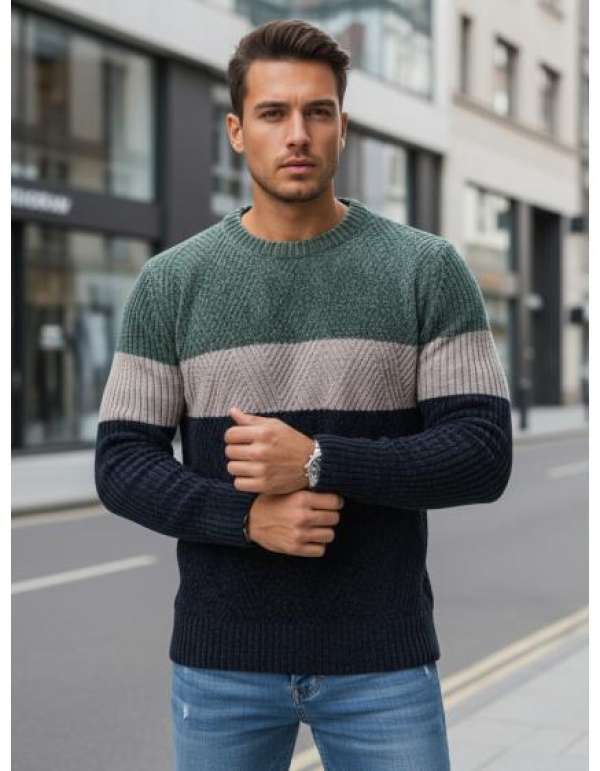 Férfi pulóver kerek nyakkivágással, zöld és sötétkék