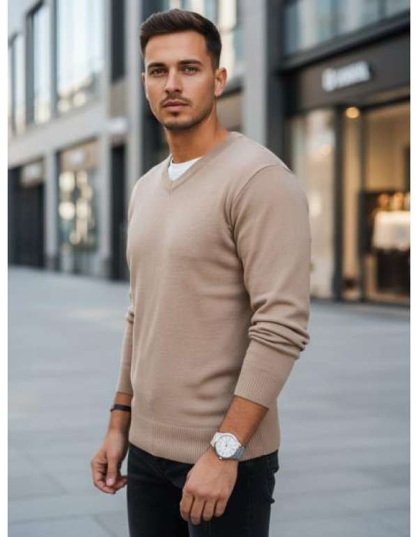 Férfi pulóver V-nyakkivágással, kamel színű
