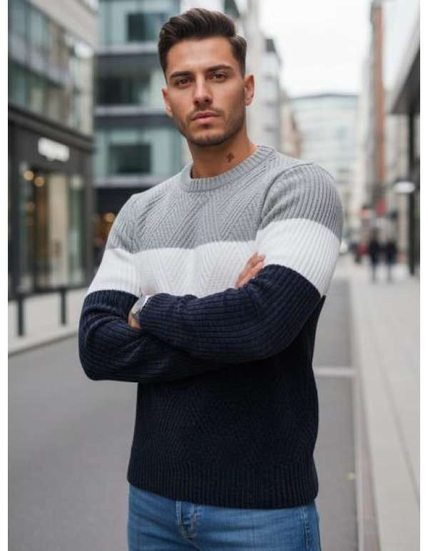Férfi pulóver kerek kivágással, szürke és sötétkék
