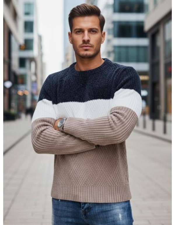Férfi pulóver kerek kivágással, sötétkék és bézs