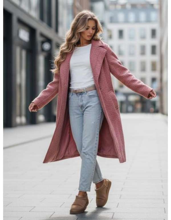 Hosszú rózsaszín báránybőr stílusú női kabát
