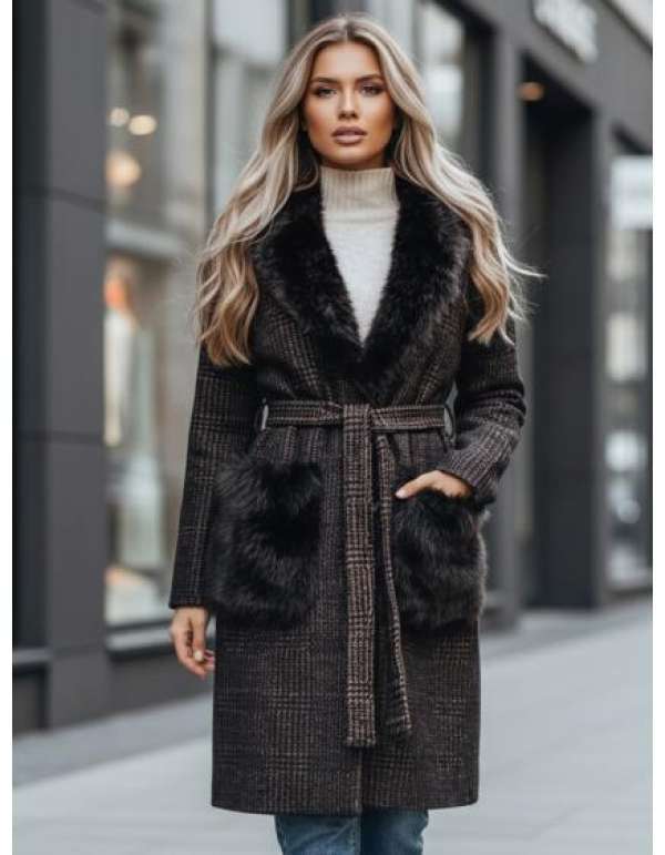 Barna női kabát szőrme díszítéssel