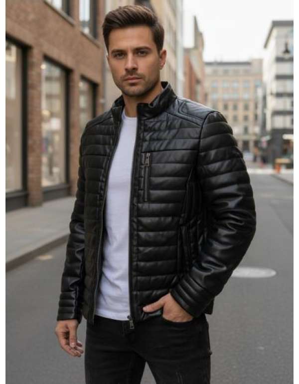 Férfi fekete műbőr téli kabát