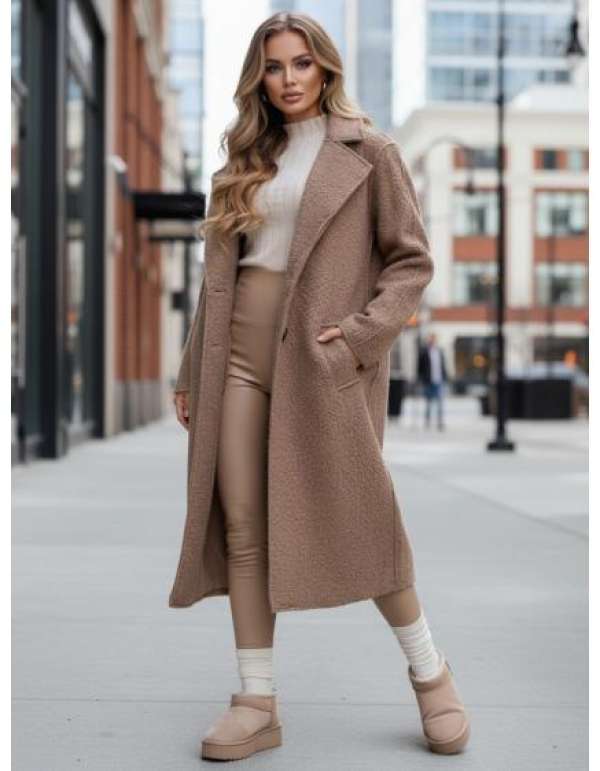 Hosszú női műbőr kabát, bézs