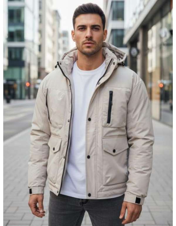 Férfi téli kabát kapucnival, világos bézs