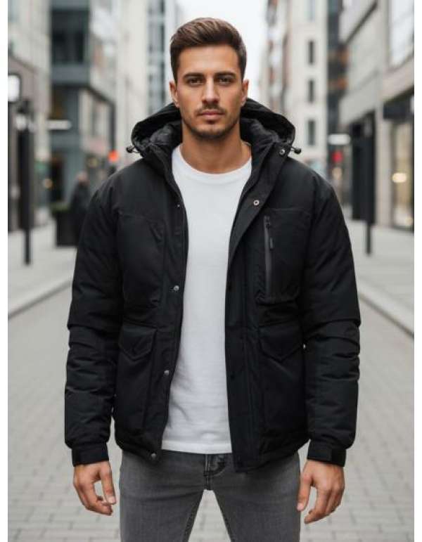Férfi téli kabát kapucnival, fekete