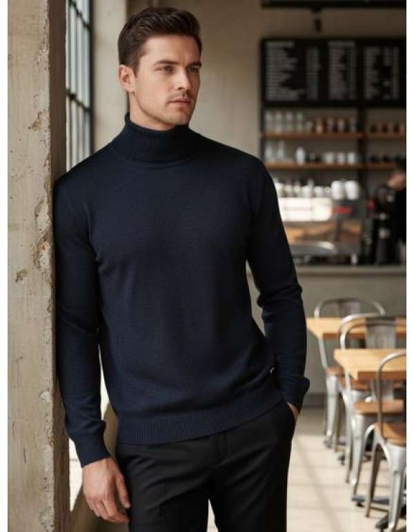 Férfi pulóver galléros, sötétkék színű