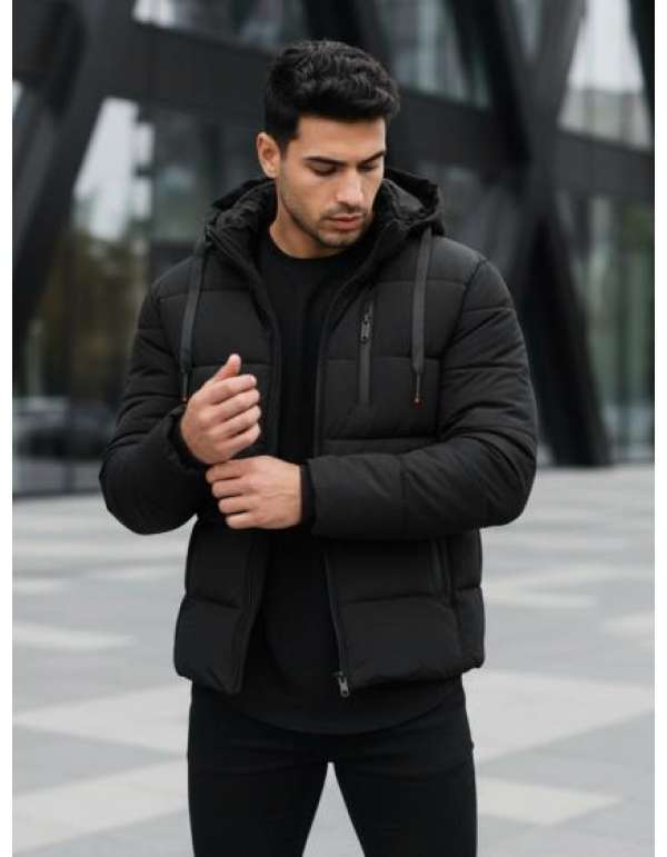 Férfi téli steppelt kabát kapucnival, fekete