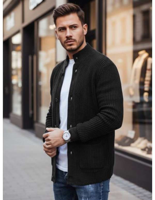 Férfi pulóver gombos záródással, fekete
