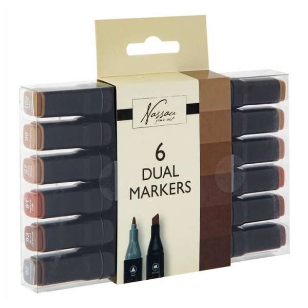 Kétoldalas markerek készlet 6 db barna (6 x kétoldalas filctoll)