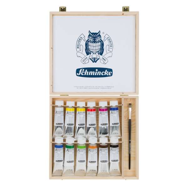 Akrilfesték készlet ecsettel fadobozban Schmincke AKADEMIE 12 x 60 ml