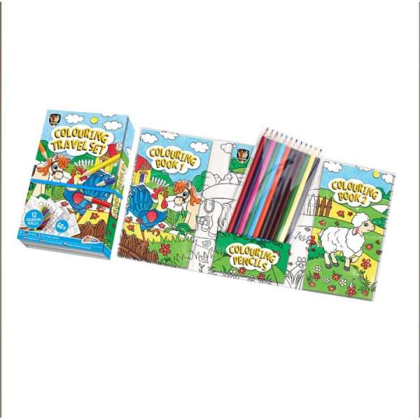 Gyerek színező utazó készlet 2 könyvvel és 12 ceruzával 