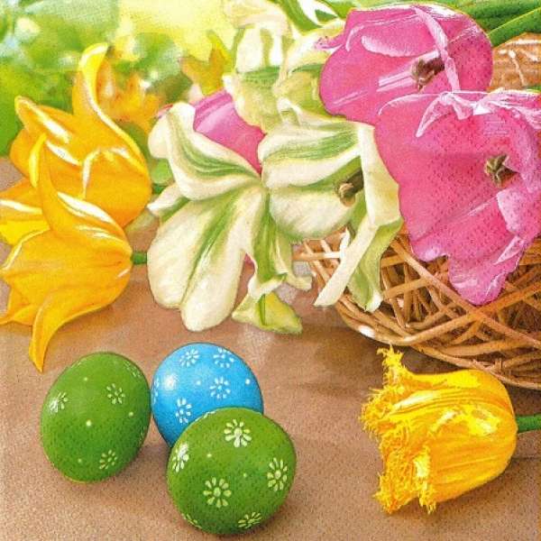 DECOUPAGE Húsvéti szalvéták - Színes tulipánok és tojások - 1db
