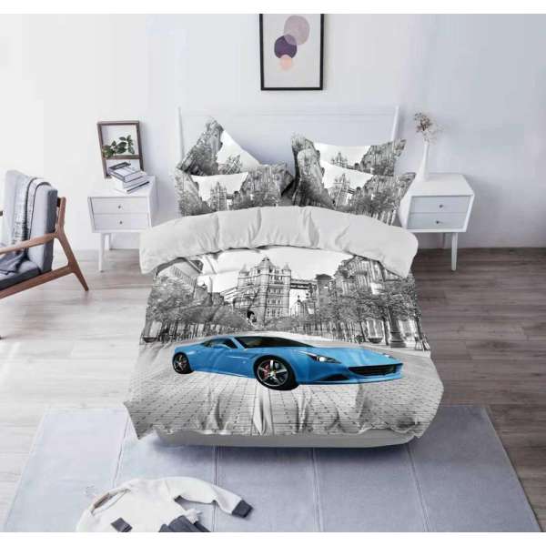 Kék sportkocsi mintás 3 részes ágyneműhuzat