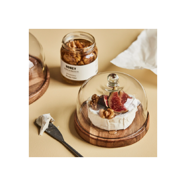 Asztali dekor üvegbura fa tálcával - 13x11 cm