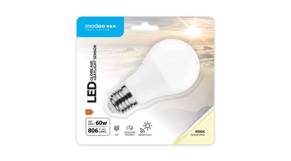 Modee LED (DL Sensor) alkonykapcsolós (Gömb) A60 8,8W E27 200° 4000K (806 lumen)