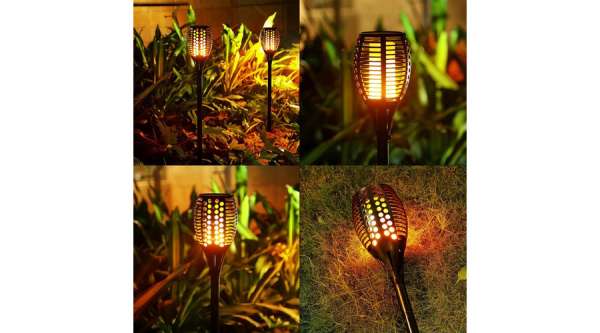 Óriás Napelemes kerti tiki fáklya 140 cm magas láng imitációs automata LED lámpa