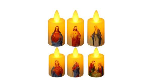 LED-es mécses Jézus mintával - többféle szentkép, meleg fényű, elemes