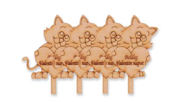 4 db Boldog Valentin napot feliratos szíves cica natúr fa sziluett tortadísz