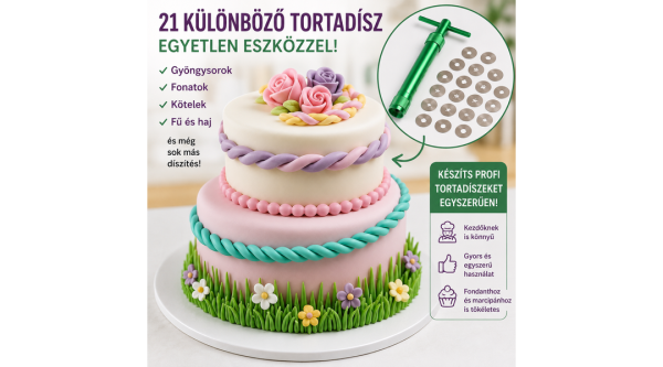 21 mintás fondant és marcipán díszítő készlet tortaszegélyekhez, figurákhoz és cukordíszekhez