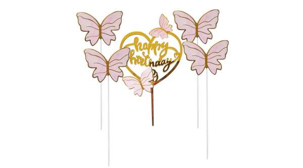 Happy Birthday tortadísz beszúró rózsaszín pillangós 