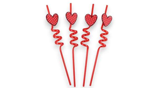 Műanyag party szívószál, szív mintás, 4 db