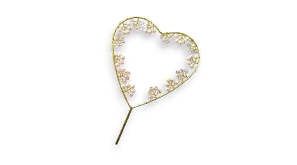 Gyöngyökkel díszített szív alakú beszúró tortadísz, arany színű