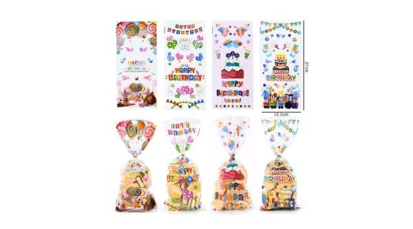 Vidám színes Happy Birthday celofán tasak 12 db