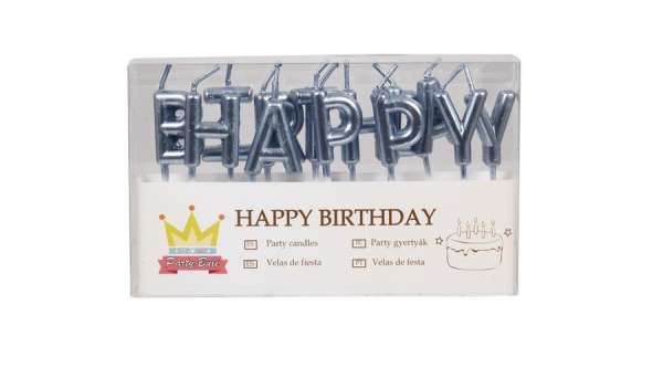 Kékes ezüst Happy Birthday tortagyertya