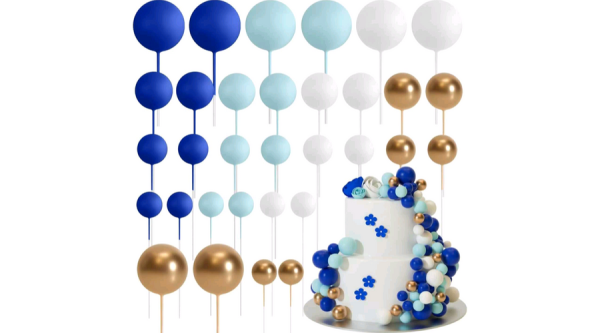 Arany, fehér, kék gömb tortadekoráció mix