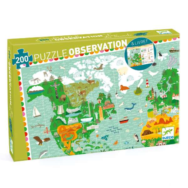 Föld térkép, 200 db-os megfigyelő puzzle - Around the world + booklet - Djeco DJ07412
