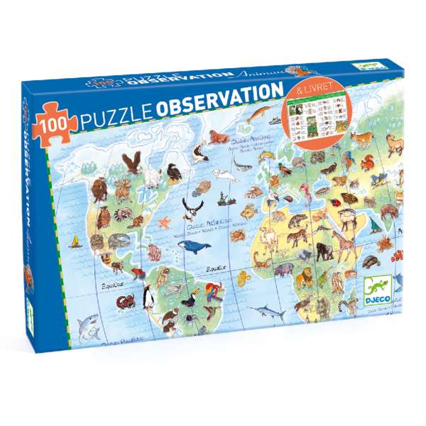 Föld állatai, 100 db-os megfigyelő puzzle - World's animals + booklet - 100 pcs - Djeco